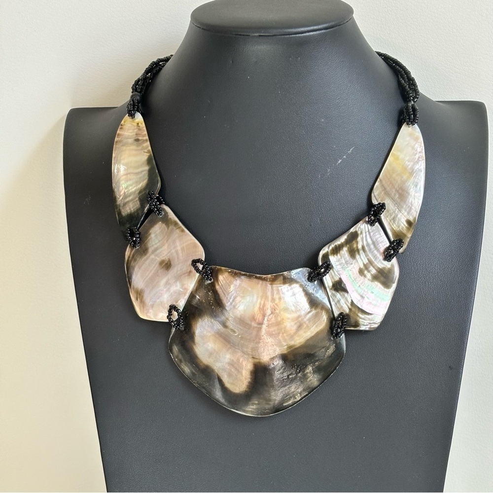 Vintage large Shell bib collar black glass beaded necklace
